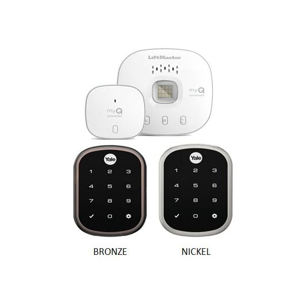 Liftmaster myQ Key Free Smart Lock with Touchscreen Keypad Lever LMLEVPACK-SN 821LMC in Satin Nickel with myQ Smart Garage Control 
